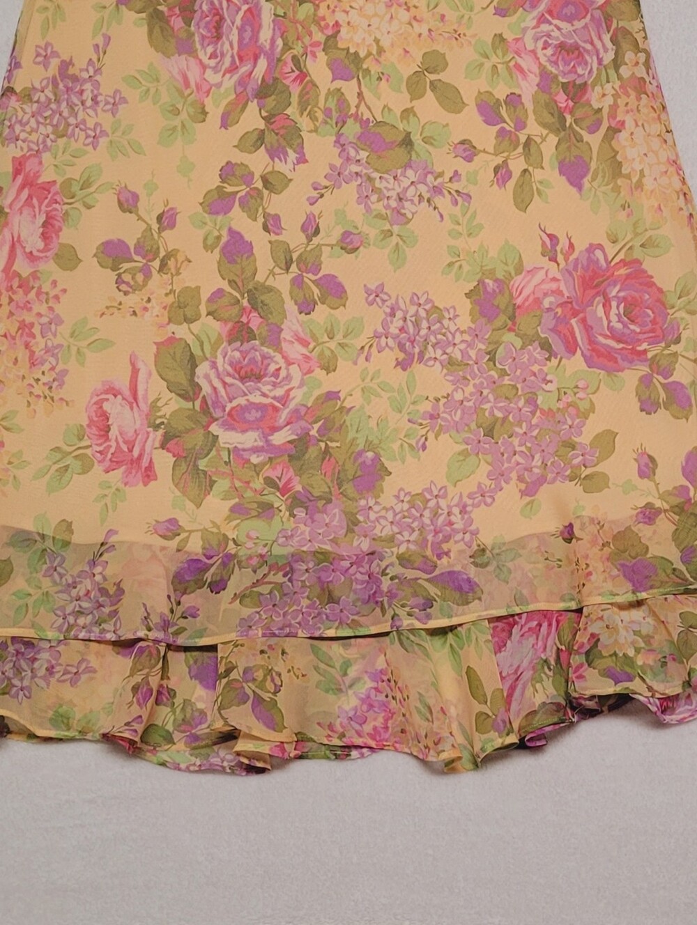Boho 90s Vintage Peach Purple Floral Cabbage Rose Tiered Ruffle Midi Skirt 12 - Picture 8 of 8